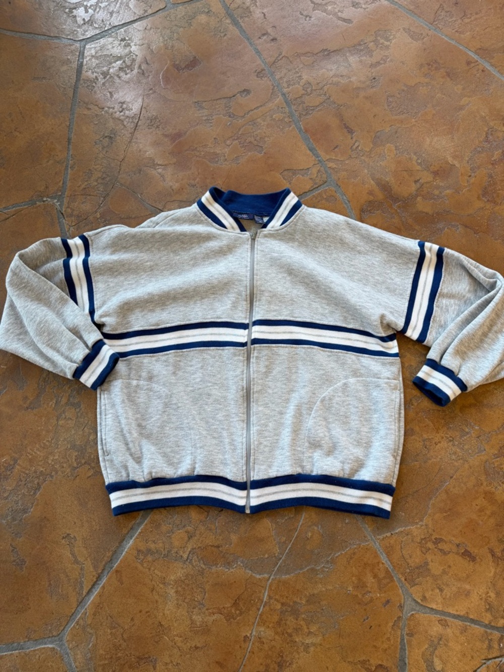 Vintage 80s Carl Michaels XL Striped Knit Full Zip Sweatshirt Gray Blue